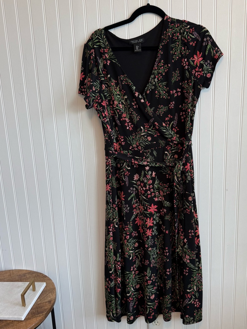 Rachel Zoe Black Floral Faux Wrap Dress Midi Size Large L Short Sleeve
